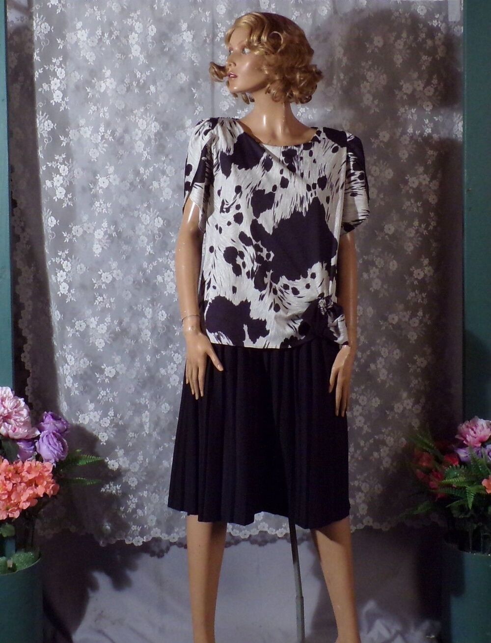 Vintage 80s Cocktail Dress Size Large 1980s Retro Black & White Drop Waist Glam